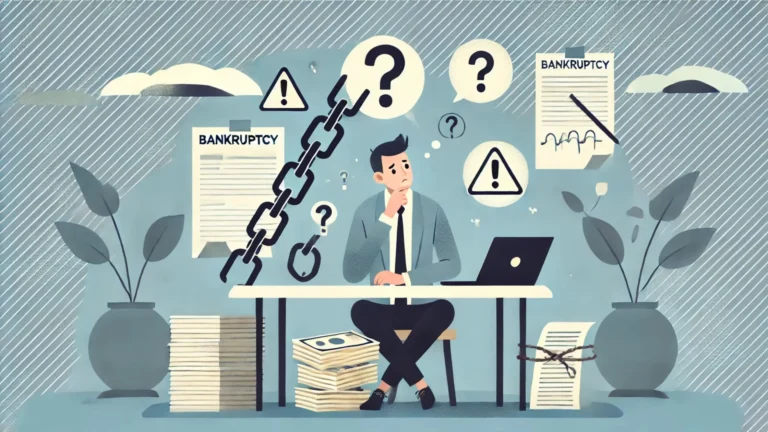 Illustration of a person considering bankruptcy, surrounded by paperwork and financial documents.